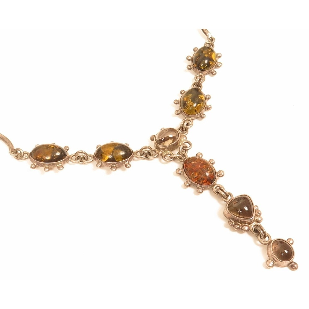 Green & Honey Amber Linked Baltic Sterling Silver Studio Art Linked Necklace*925
